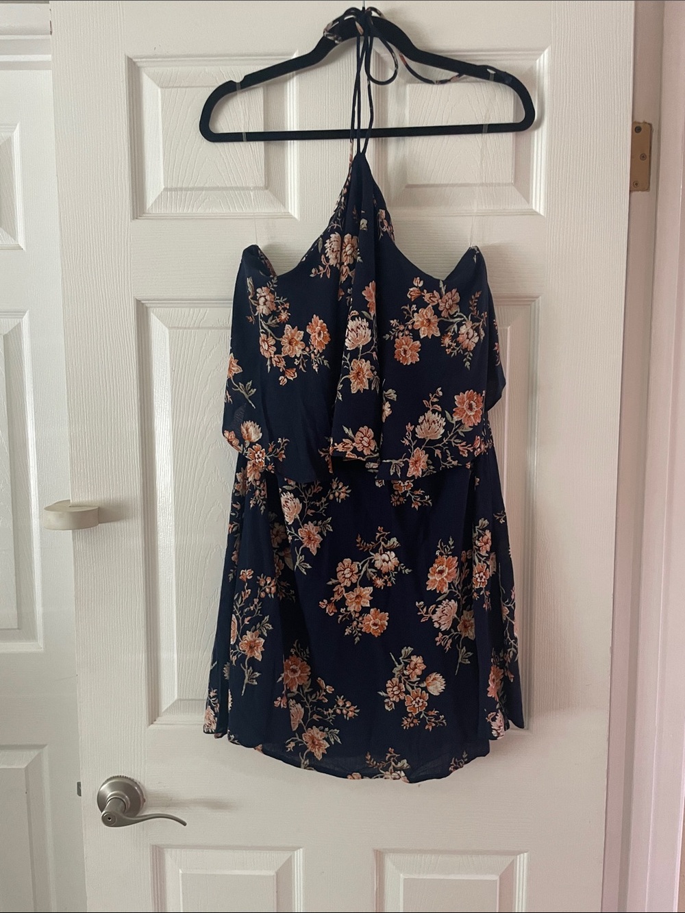Sadie & Sage Navy Floral Halter Mini Dress with Peach Blooms